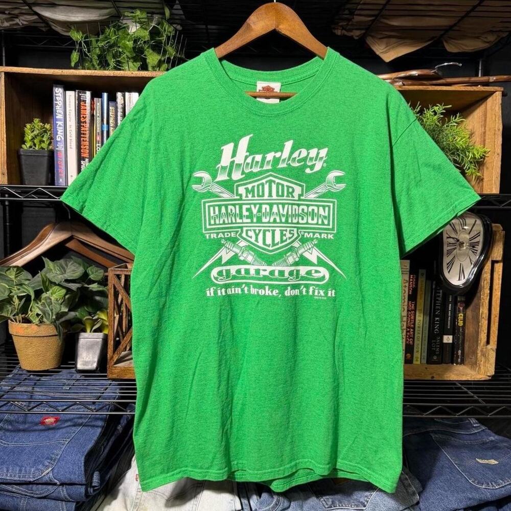 Harley Davidson Garage Biker Tee Green White Motorcycle Shirt Mens Large
